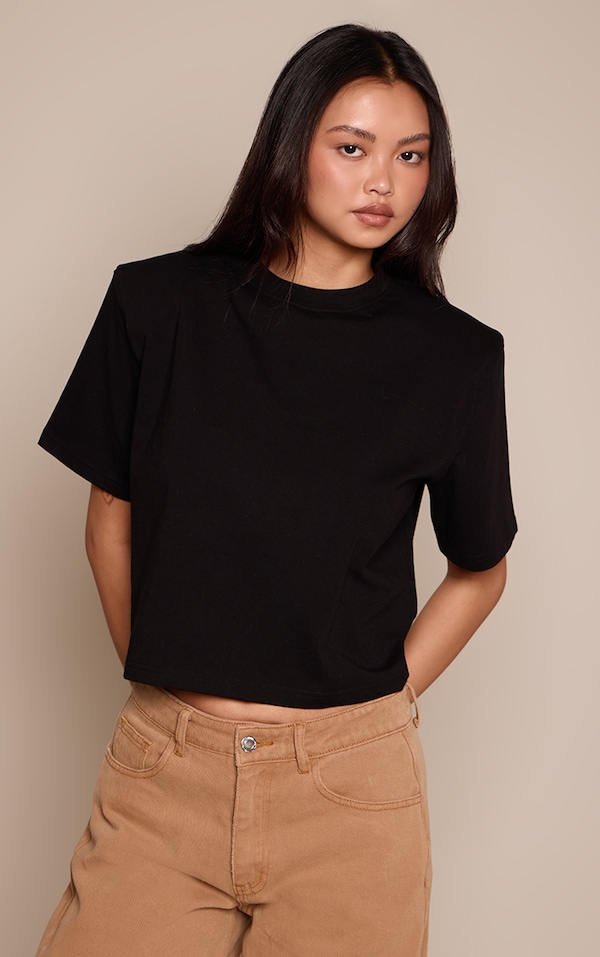 Black Shoulder Detail Cropped  Boxy T-Shirt 