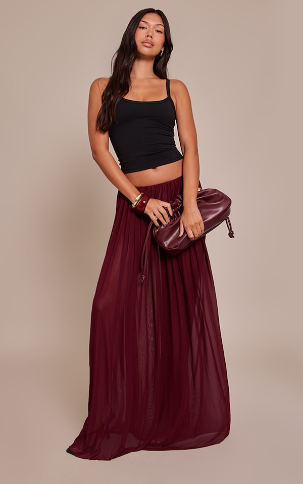 Wine Mesh Drape Maxi Skirt
