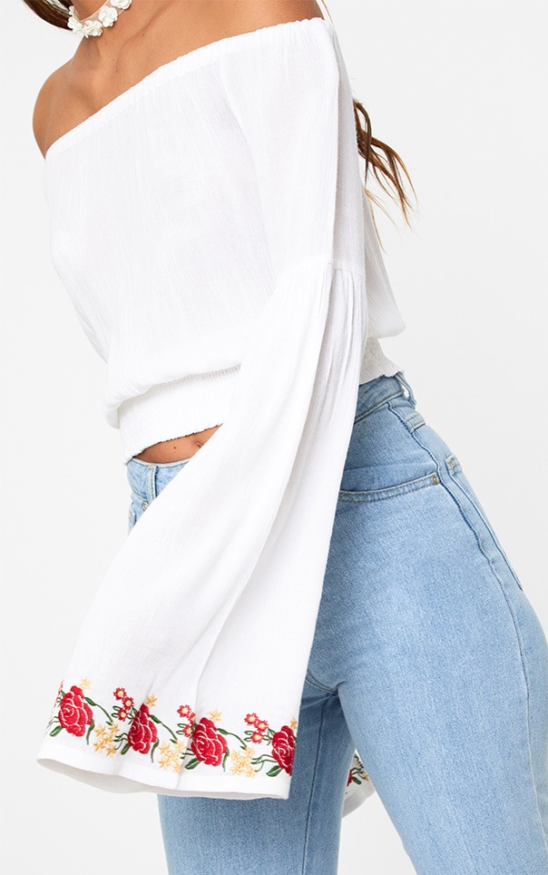 White Cheesecloth Embroidered Sleeve Ruched Top PrettyLittleThing