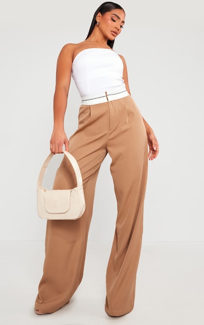 Taupe Fold Over Waistband Tailored Pants