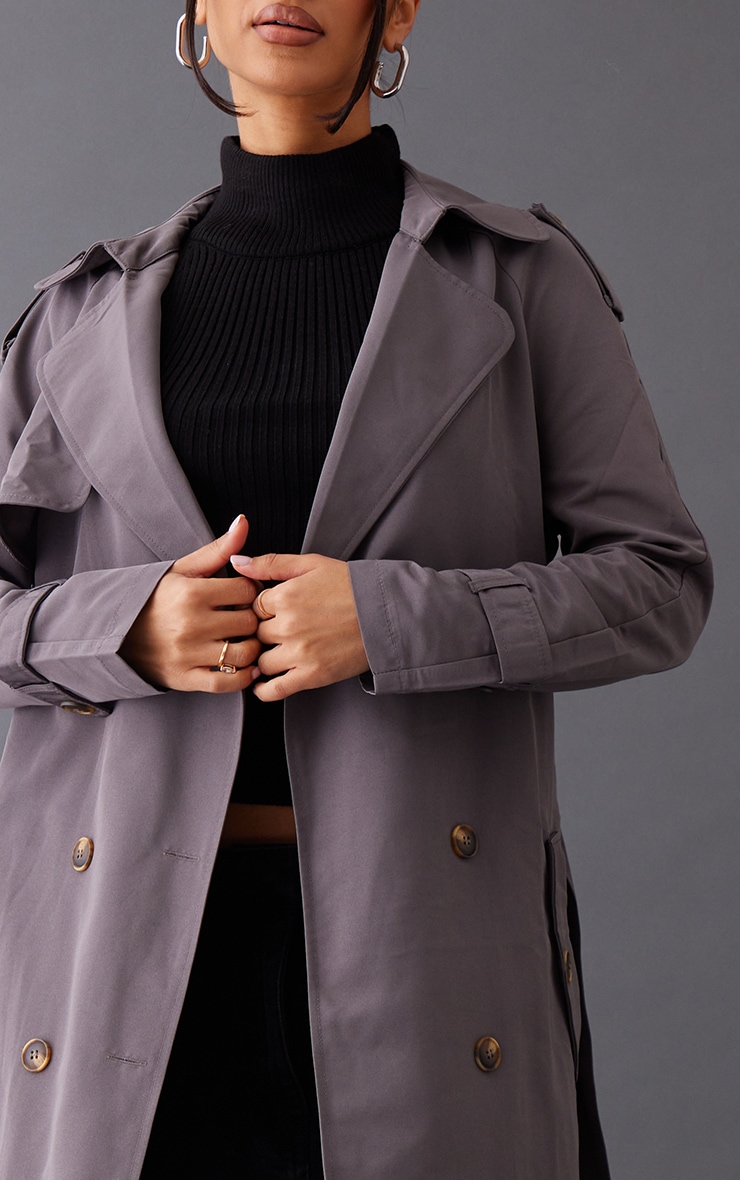 Petite Charcoal Tie Waist Trench Coat image 4