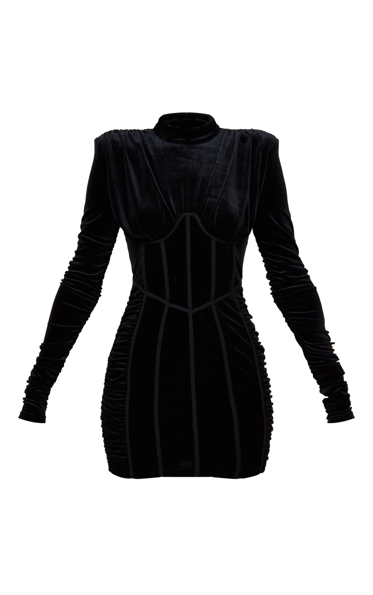 Black Velvet Binding Detail High Neck Long Sleeve Bodycon Dress image 5