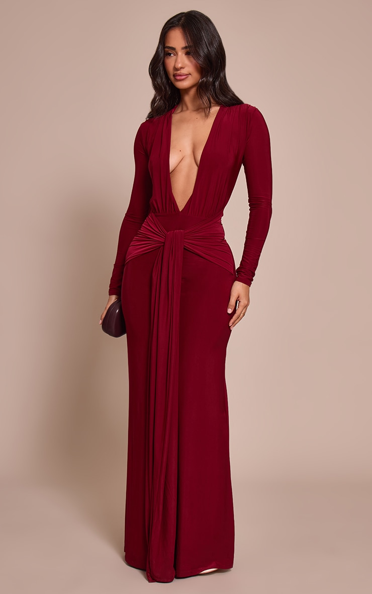 Petite Burgundy Double Layer Slinky Long Sleeve Ruched Tie Front Maxi Dress image 3