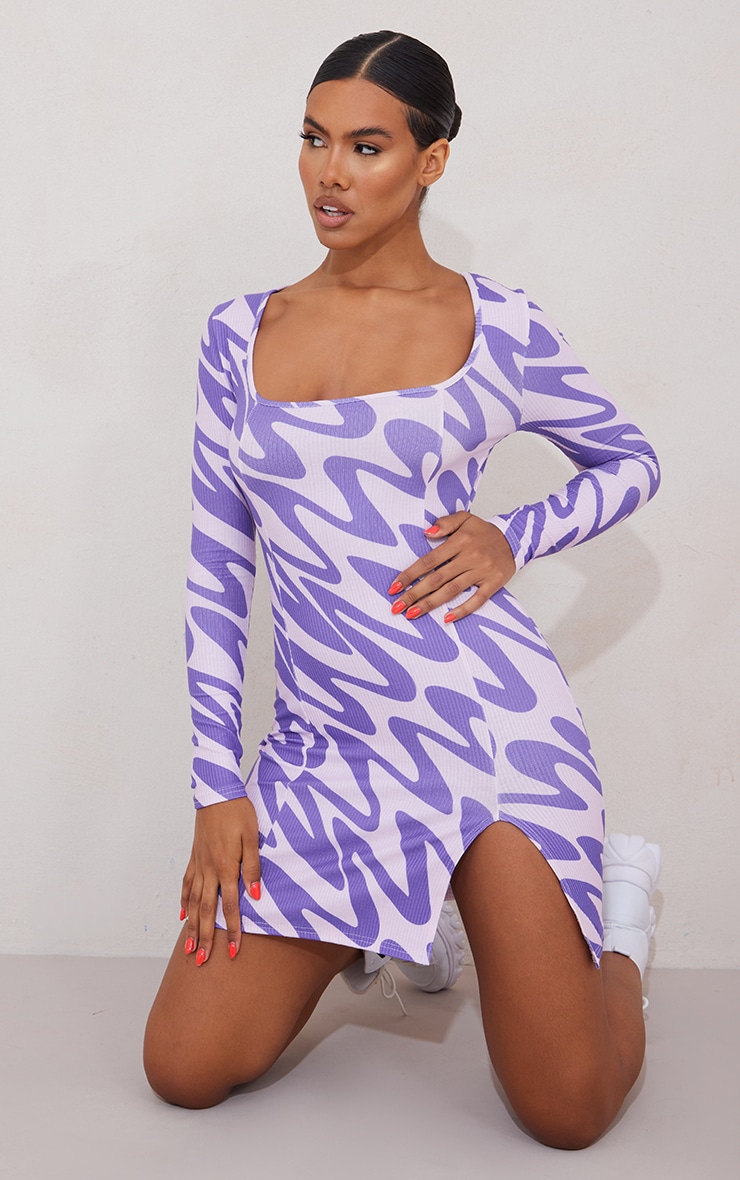 Purple Zig Zag Rib Long Sleeve Bodycon Dress | Dresses