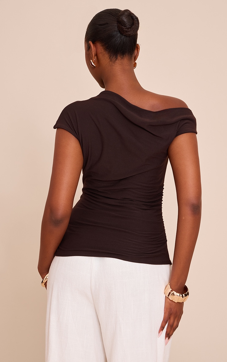 Chocolate Soft Touch Ruched Asymmetric Longline Top image 2