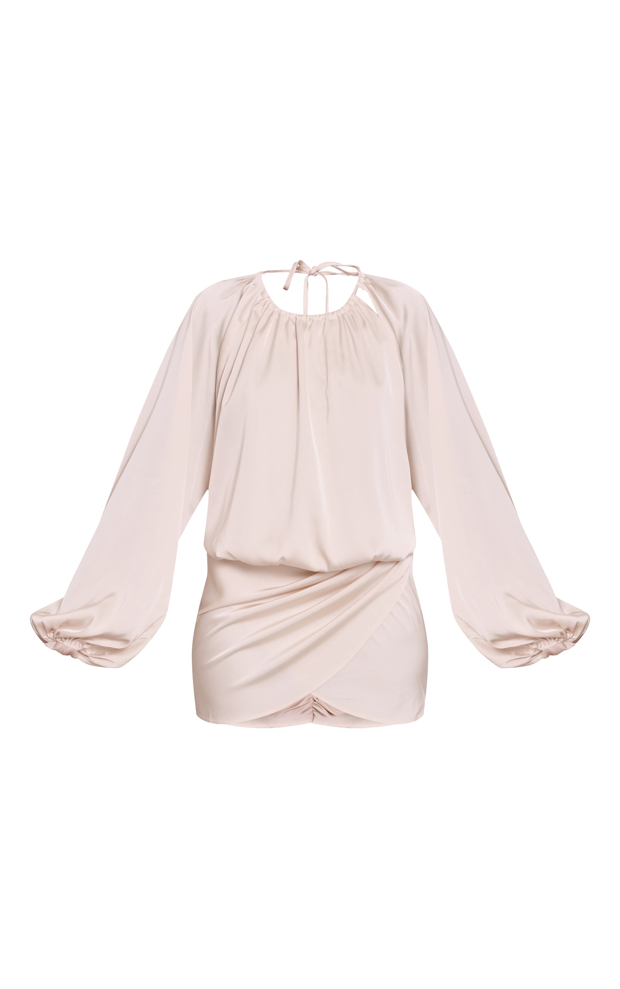 Cream Satin Wrap Ruched Long Sleeve Mini Dress image 5