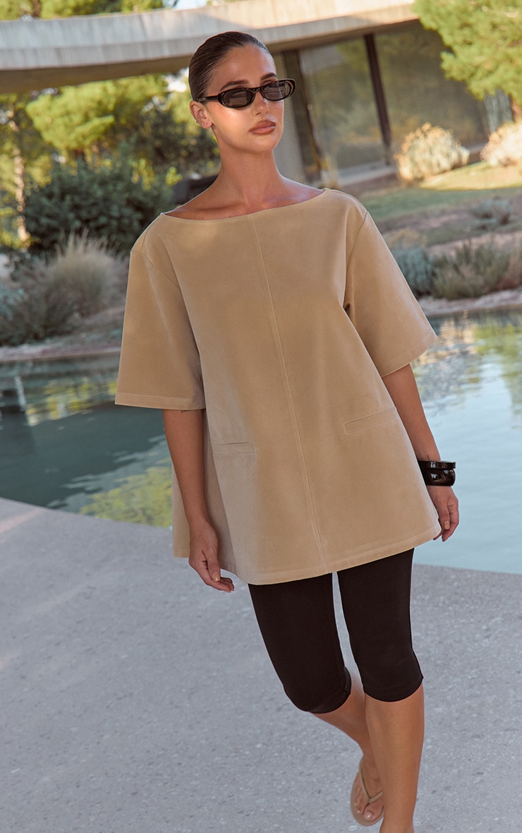 Sand Faux Suede Oversized Boxy Detail Structured Top  image 4