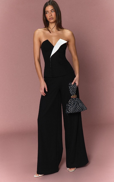 Black Contrast Lapel Bandeau Straight Leg Jumpsuit