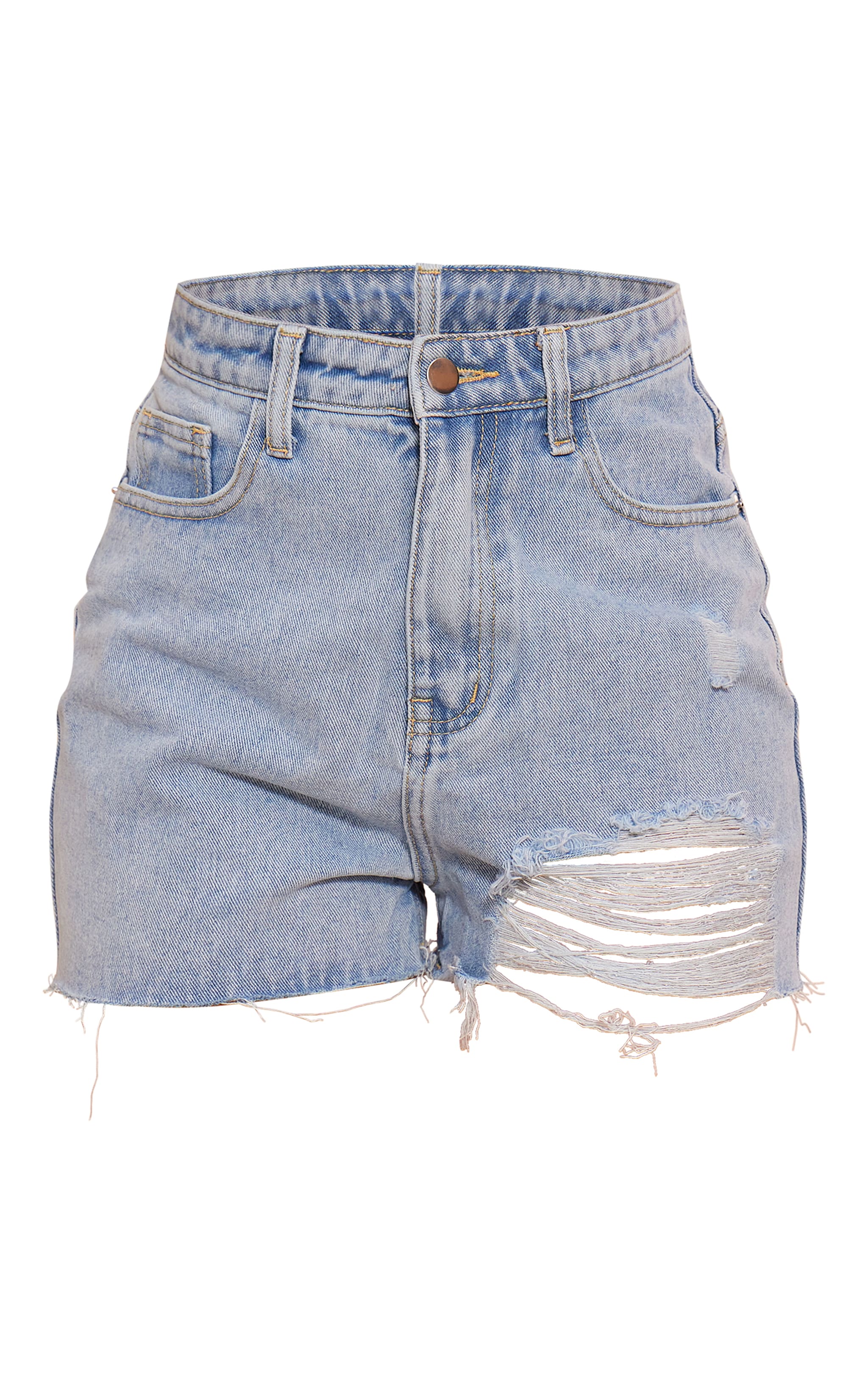PLT Light Blue Wash Ripped Denim Mom Shorts Denim PrettyLittleThing AUS