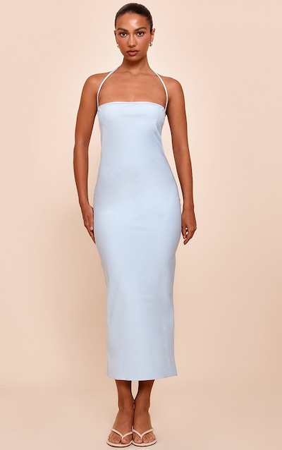 Robe de tailleur mi-longue tissée bleu ciel à dos nu