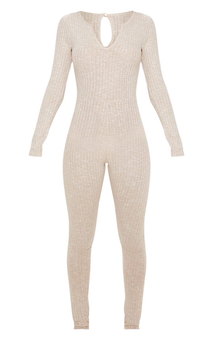 Oatmeal Open Neck Fitted Jumpsuit Knitwear PrettyLittleThing