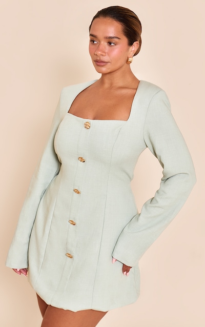 Shape Sage Tailored Square Neck Hammered Button Mini Dress