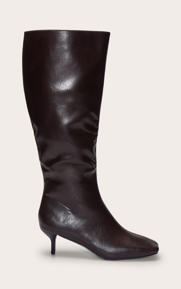 Chocolate Soft PU Snip Toe Kitten Heel Knee High Boot image 2