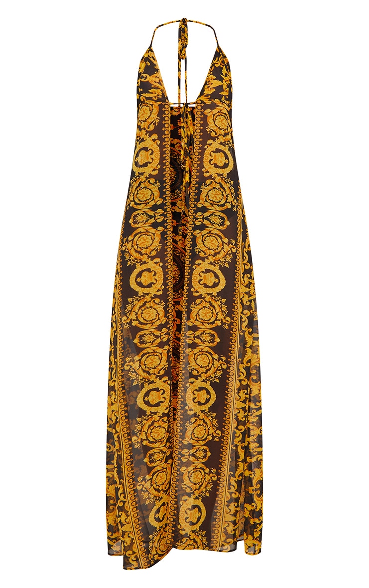 Black Chain Print Chiffon Maxi Beach Dress PLT KSA