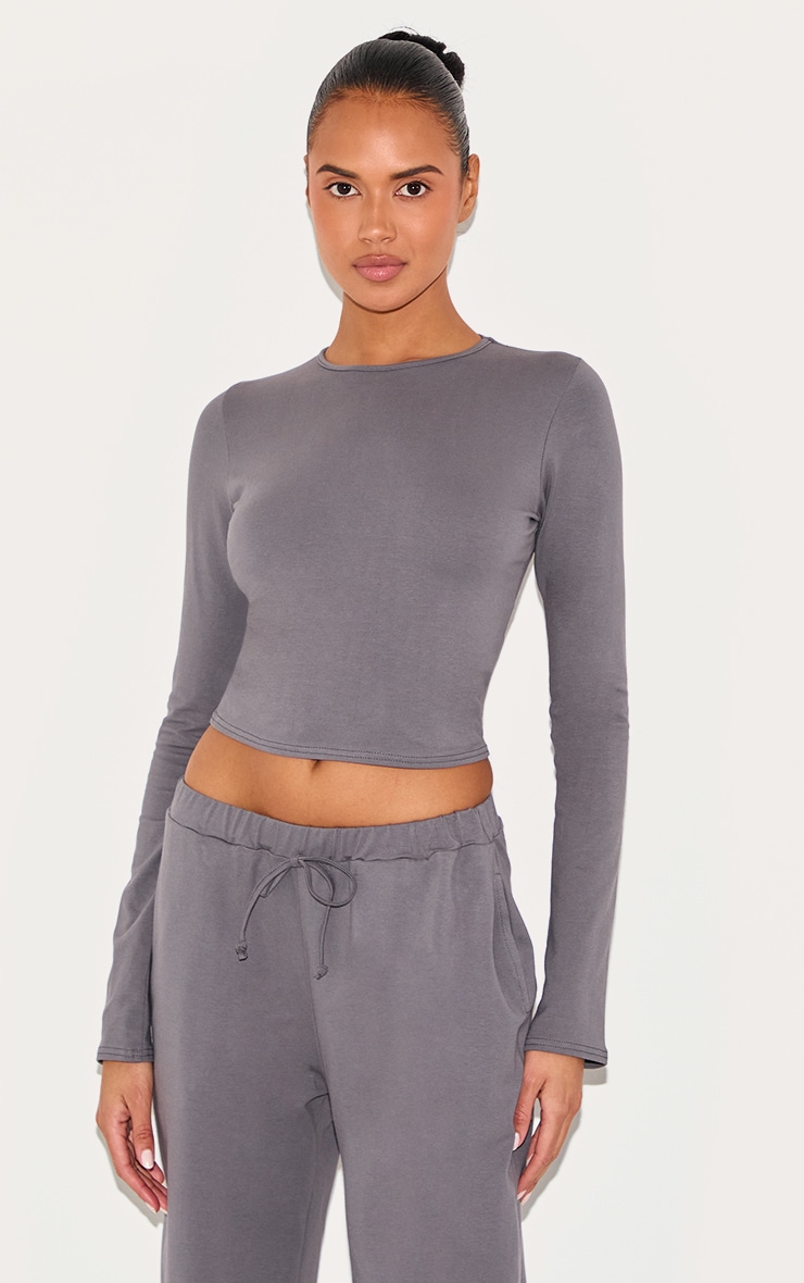 Charcoal Cotton Long Sleeve Crew Neck Top image 1