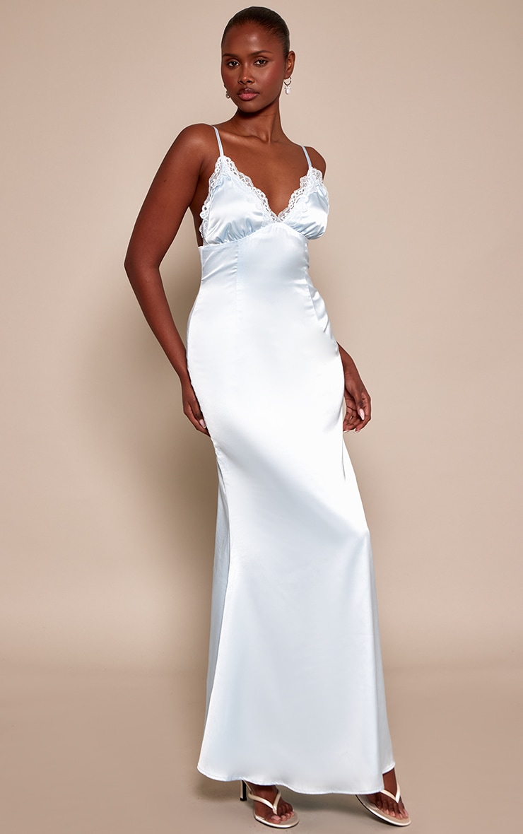 Baby Blue Satin Lace Cup Maxi Slip Dress image 3