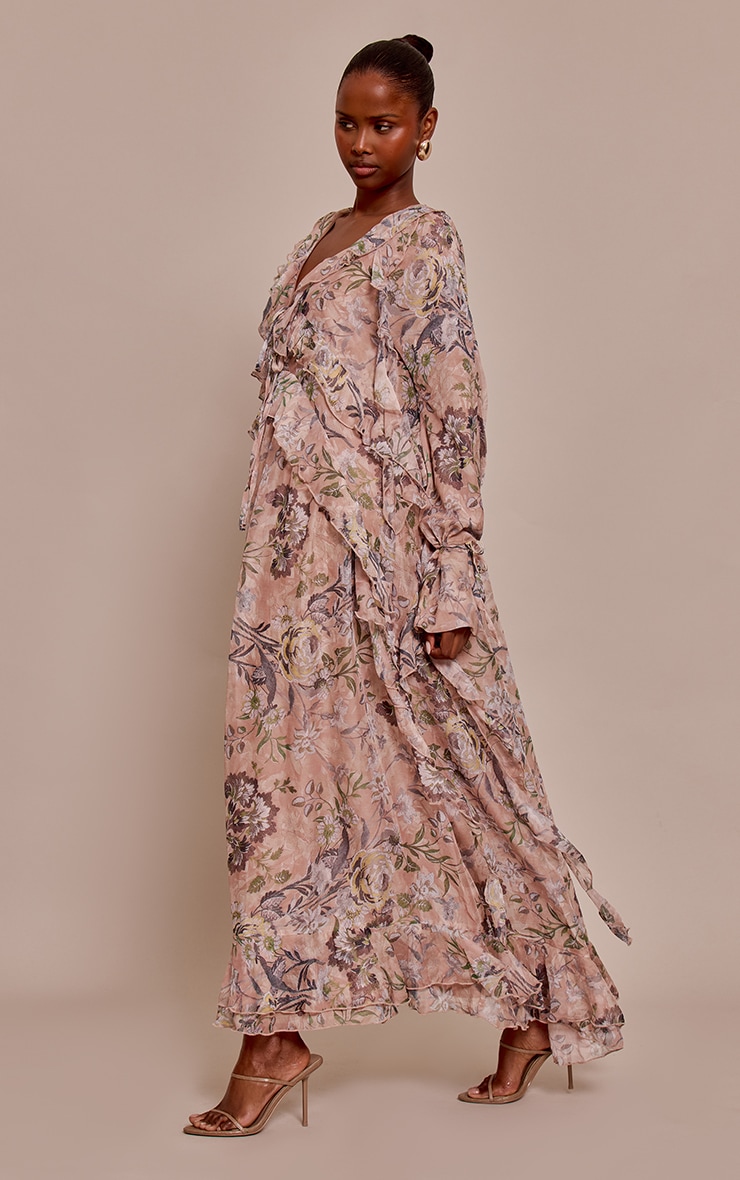 Blush Floral Printed Plunge Extreme Frill Maxi Dress image 3