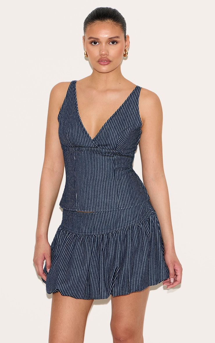  Navy Pinstripe Denim Puffball Mini Skirt image 1
