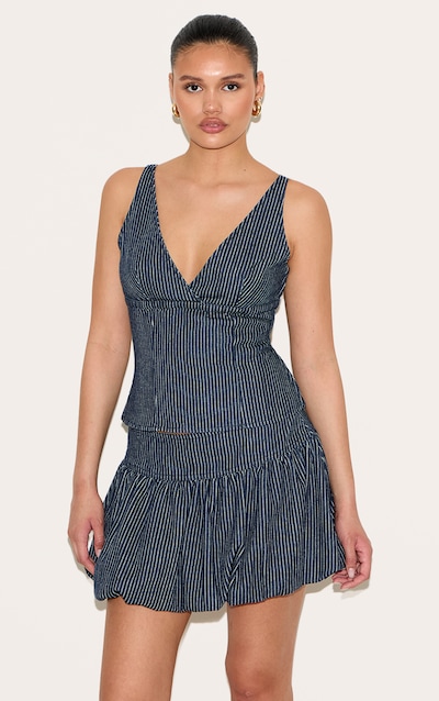 Navy Pinstripe Denim Puffball Mini Skirt