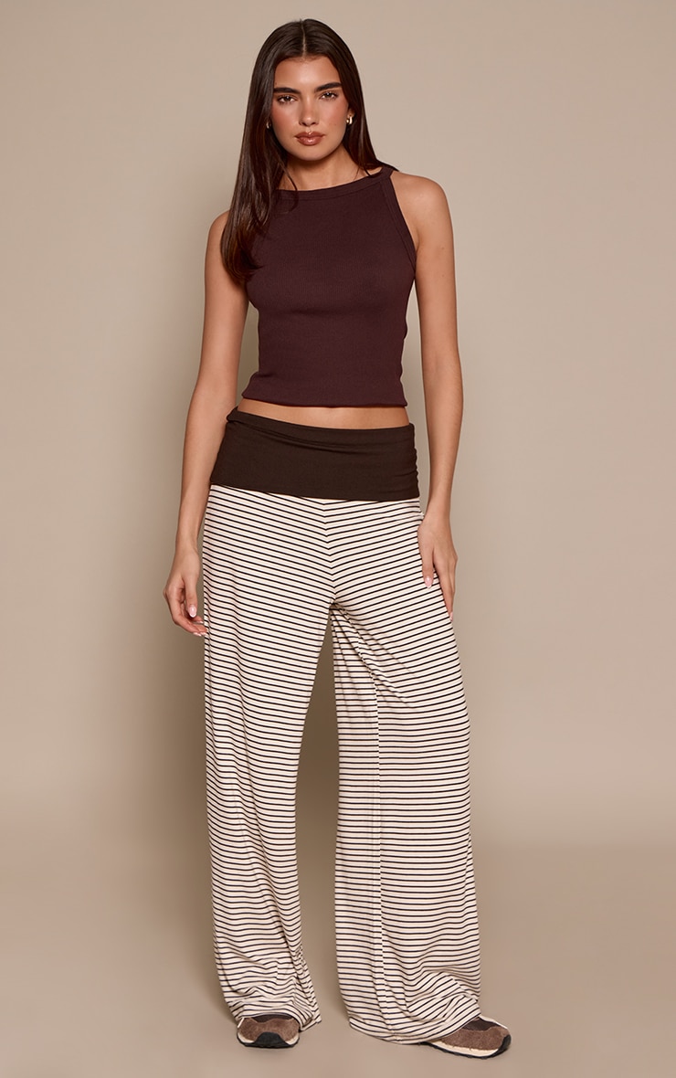 Chocolate Striped Contrast Waistband Soft Jersey Wide Leg Trousers