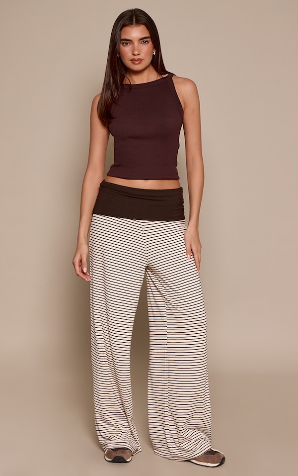Chocolate Striped Contrast Waistband Soft Jersey Wide Leg Pants
