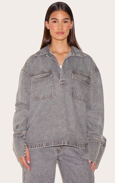Chemise ample style rugby en jean gris à manches longues