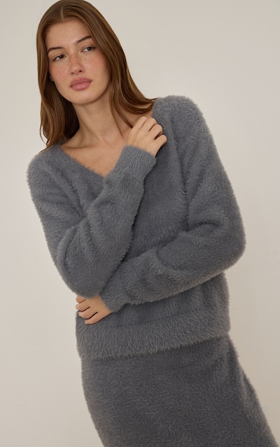 Grey Fluffy V Neck Knitted Oversized Jumper