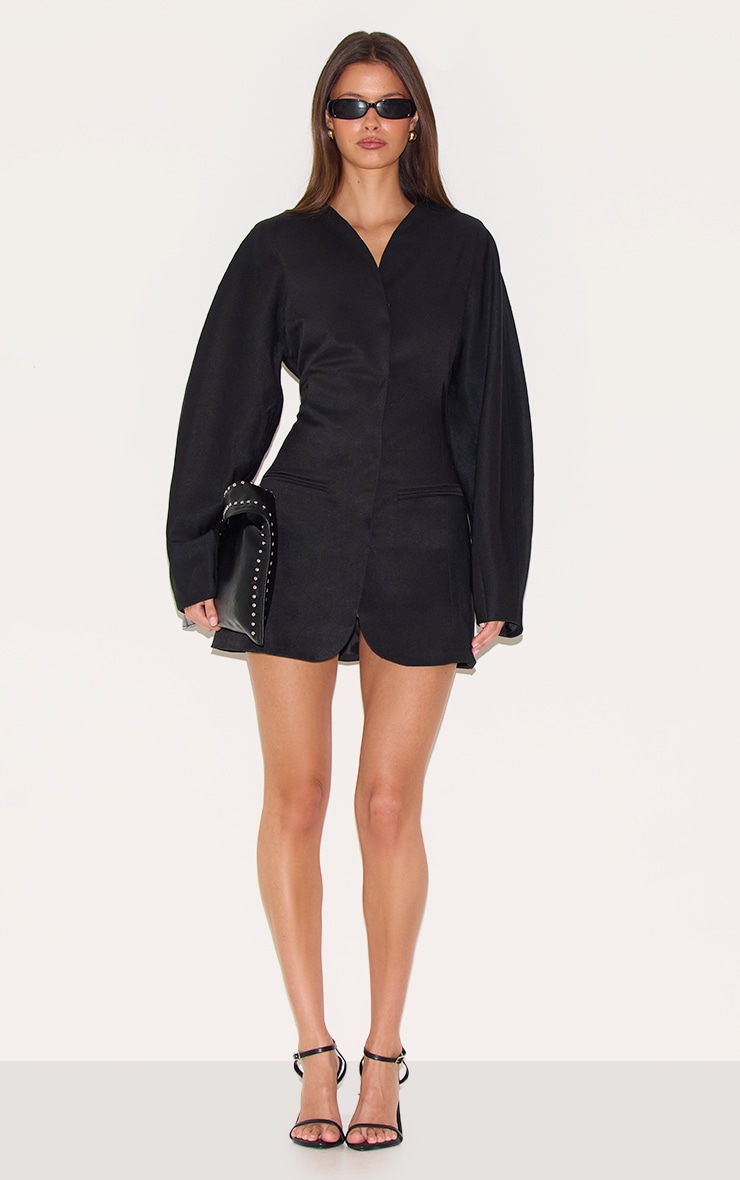 Black Woven Balloon Sleeve Collarless Blazer Dress image 3