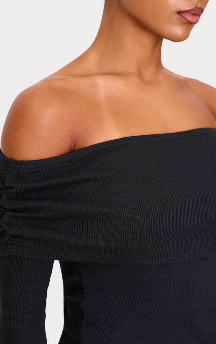 Black Fold Over Bardot Dipped Hem Long Top image 4