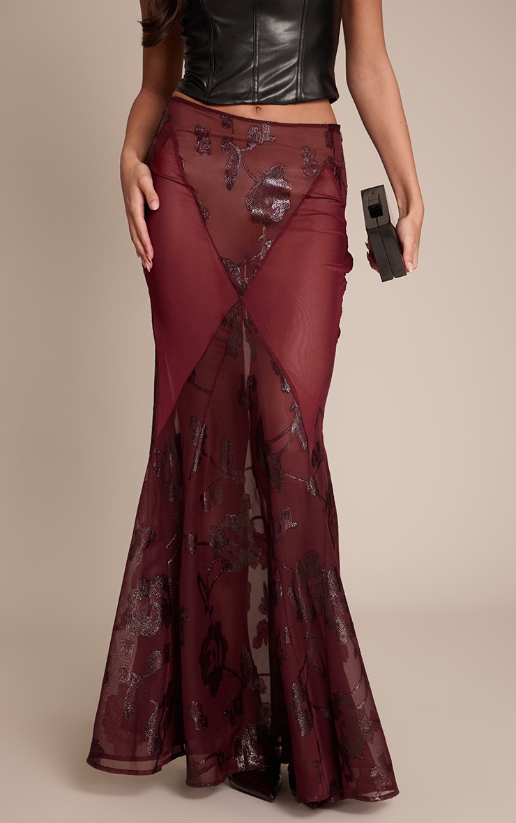 Jupe longue prune transparente à détails brodés et godet image 2