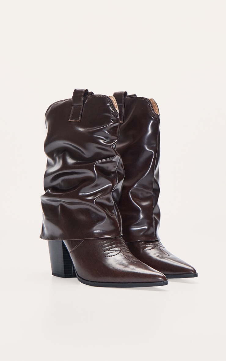 Chestnut PU Point Toe Fold Over Western Heeled Ankle Boots image 3