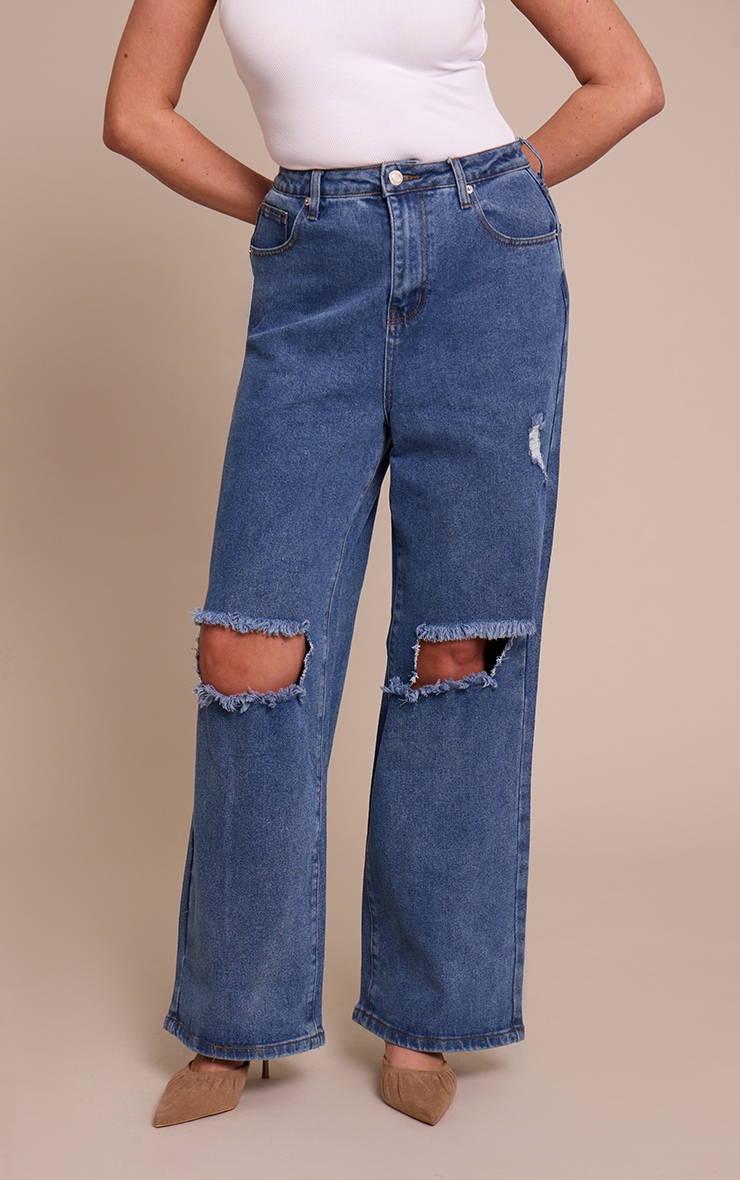 Shape Vintage Mid Wash Stretch Denim Ripped Knee Wide Leg Jeans image 2