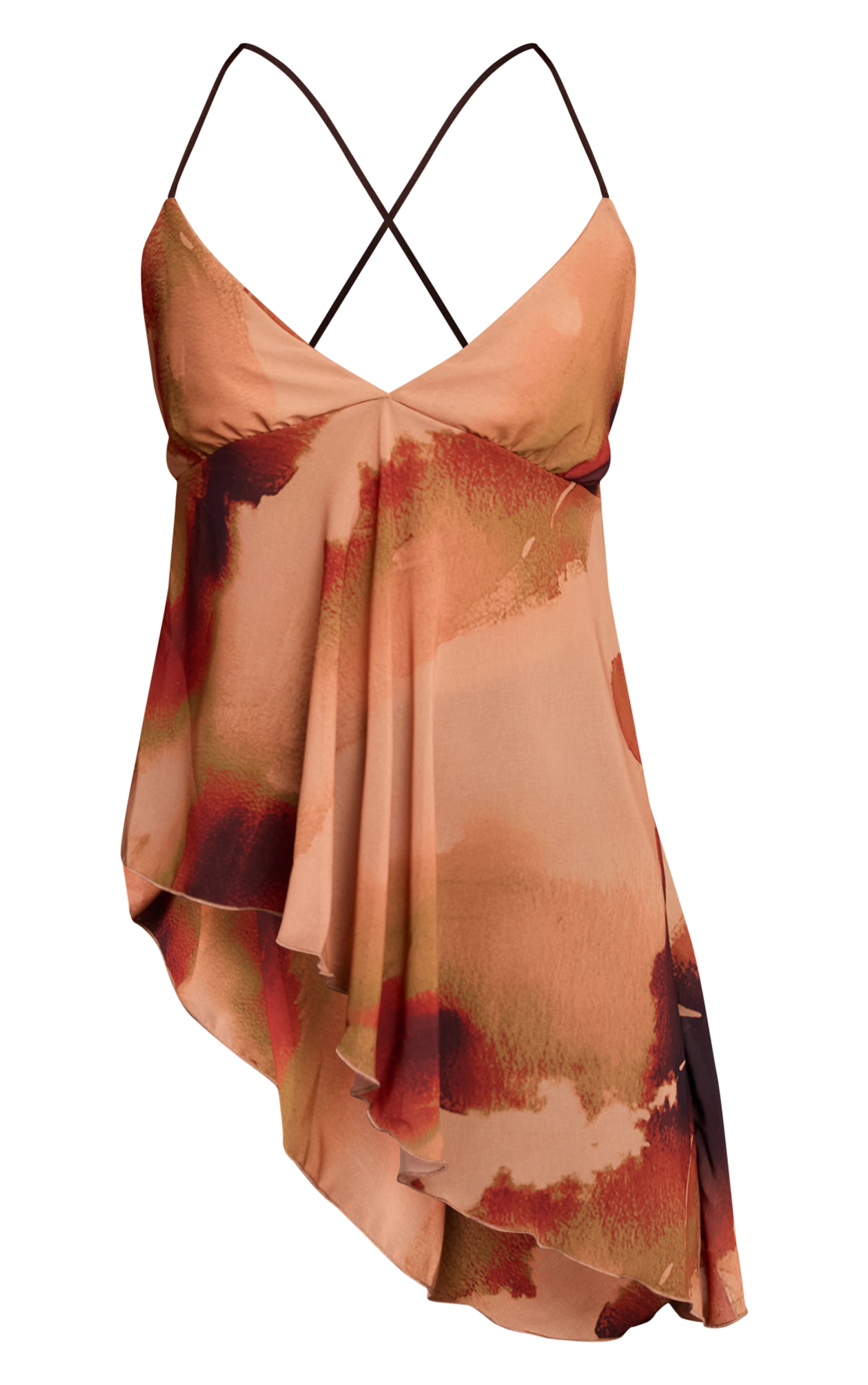 Orange Printed Chiffon Extreme Longline Asymmetric Hem Strappy Top image 5