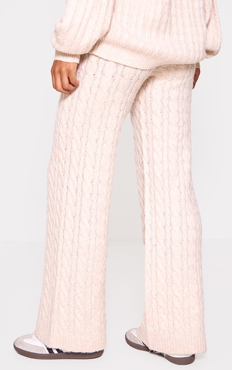 Oatmeal Cable Knit Drawstring Waist Pants image 3