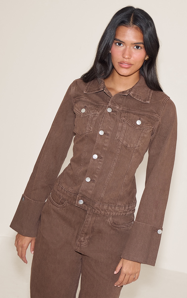 Brown Turn Up Cuff Cinched Back Denim Jacket image 1