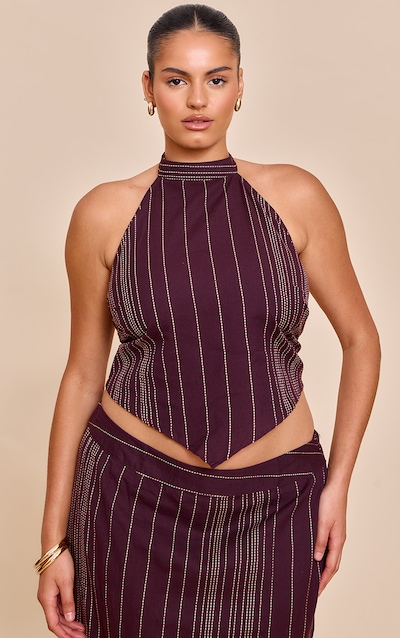 Plus Brown Stripe Embroidered Halterneck Top