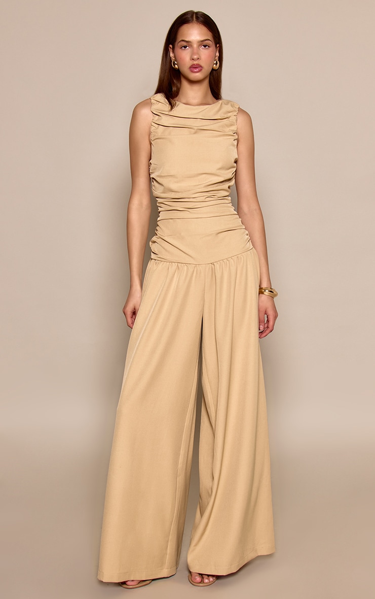 Camel Woven Ruched Drop Waist Jumpsuit image 3