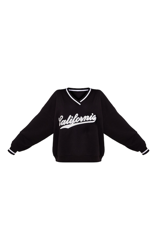 Black V Neck Varsity Sport Sweatshirt Tops PrettyLittleThing