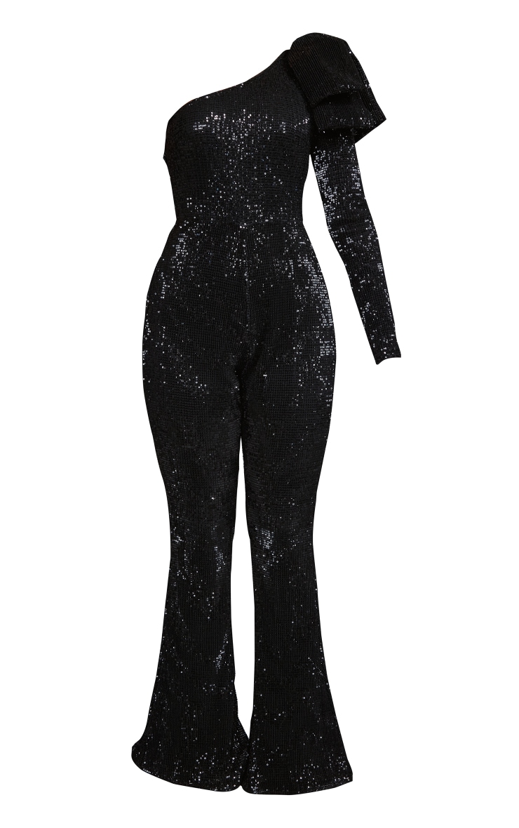 Black Sequin Bow One Shoulder Flared Jumpsuit image 5