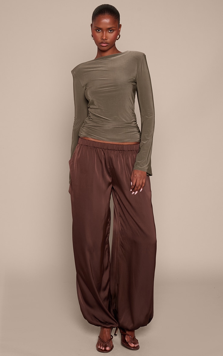 Khaki Double Layer Slinky Shoulder Detail Long Sleeve Top image 3