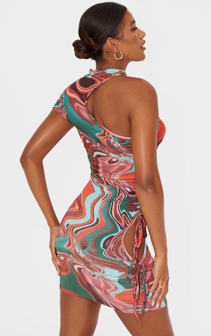 Multi Marble Print Slinky High Neck Cut Out Detail Sleeveless Bodycon Dress image 2