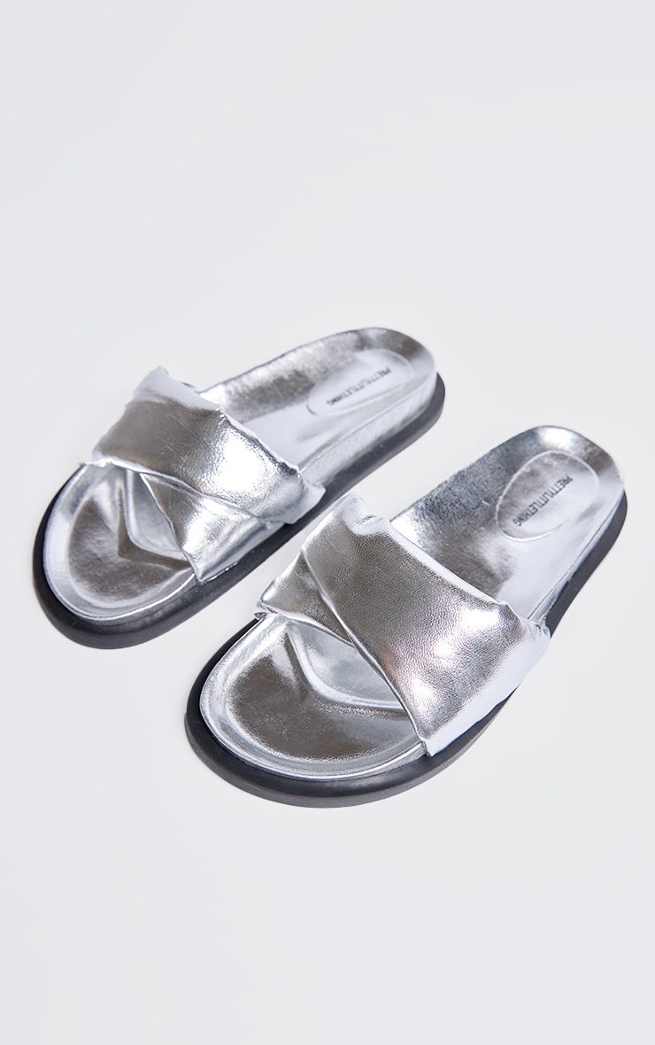 Silver Real Leather Round Toe Cross Strap Footbed Sandals - Image 2