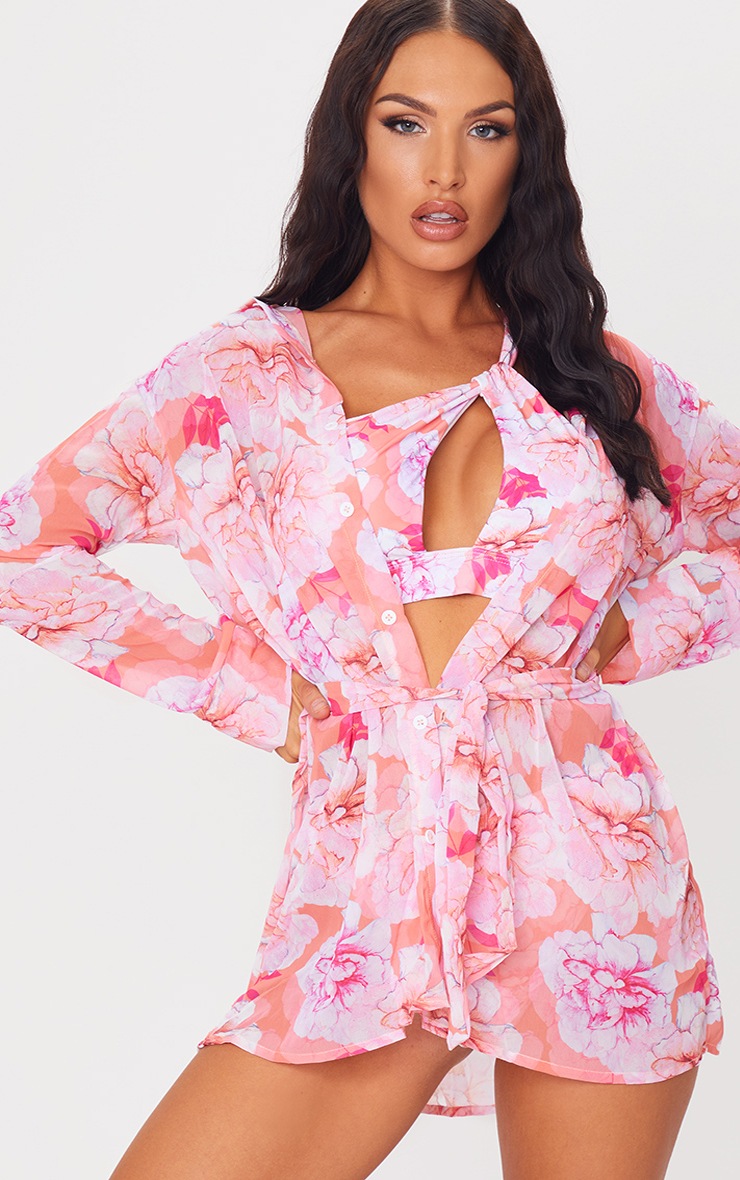 Pink Floral Tie Beach Shirt