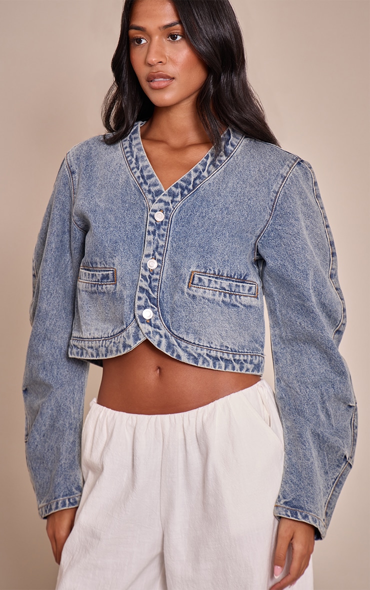 Tall Vintage V Neck Curved Hem Cropped Denim Jacket