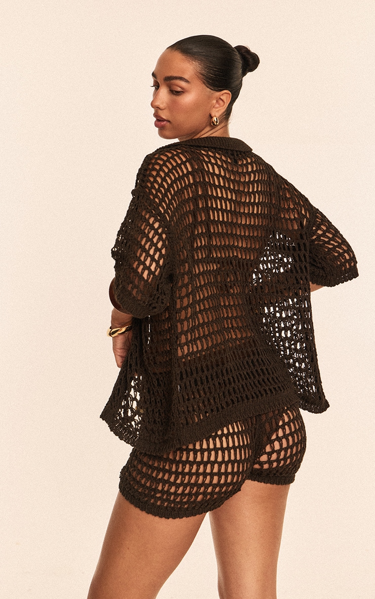 Chocolate Crochet Short Sleeve Beach Shirt image 2