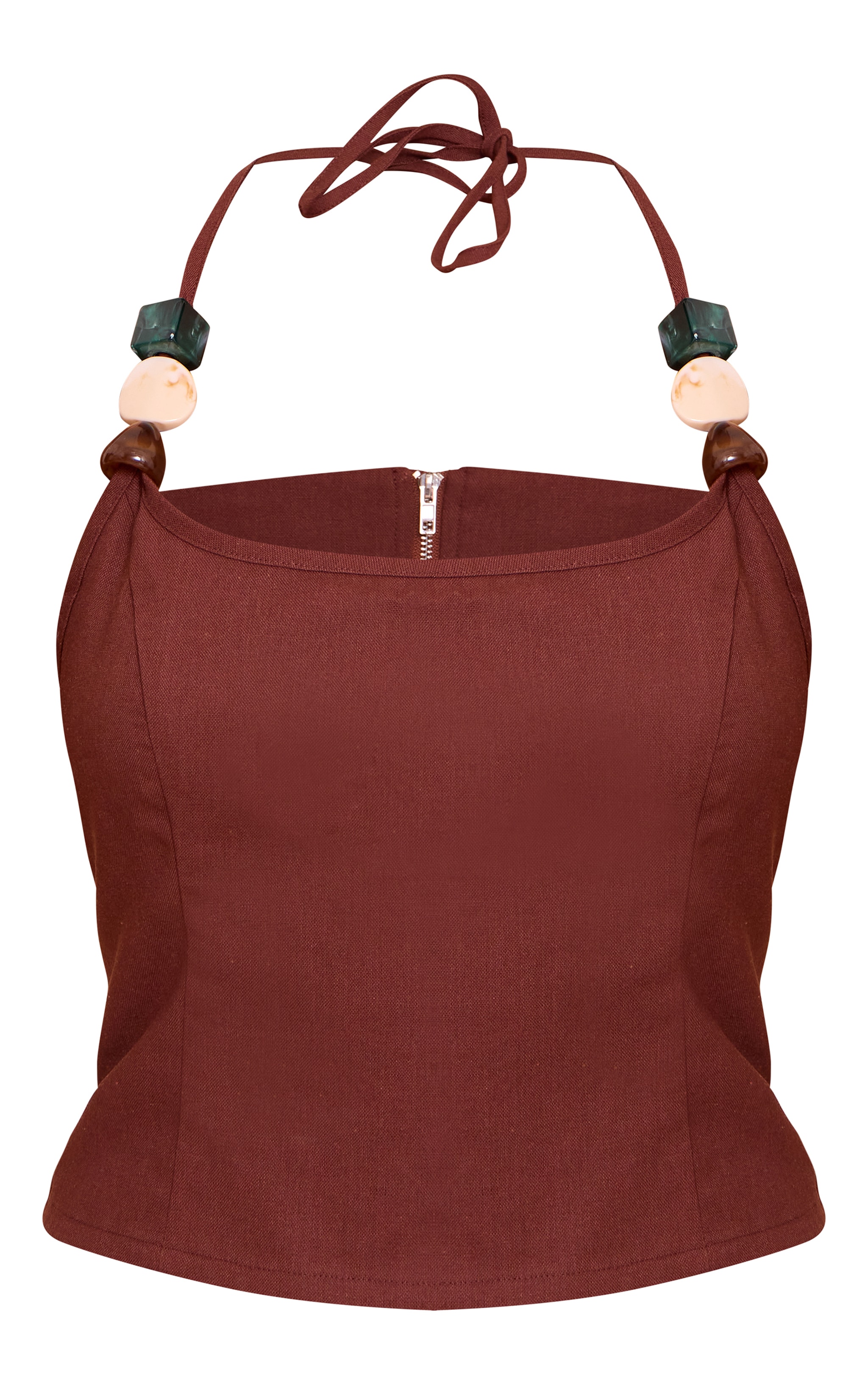 Chocolate Lightweight Woven Trim Detail Halterneck Top image 5