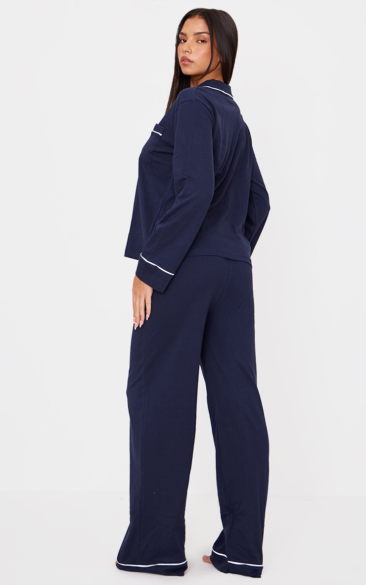 Navy Jersey Piping Detail Long PJ Set image 2