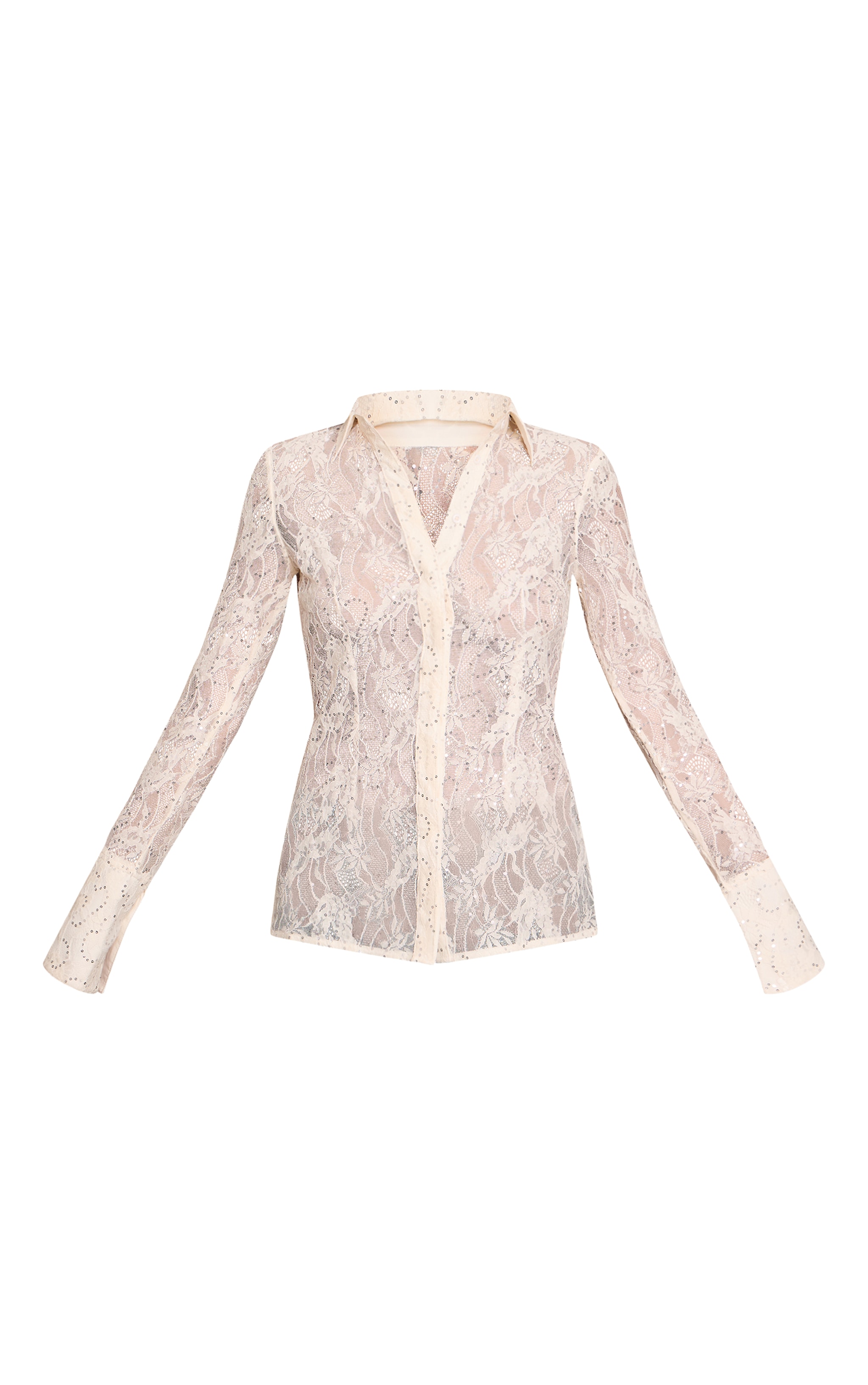 Cream Sequin Lace Fitted Shirt  image 5