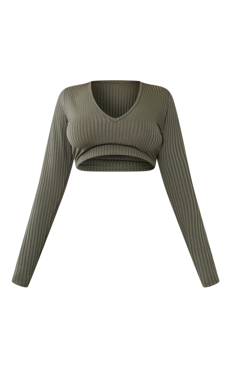 Khaki Ribbed V Neck Long Sleeve Crop Top image 5