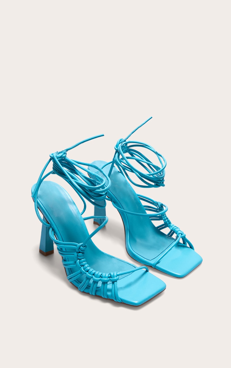 Blue Wide Fit PU Square Toe Knot Lace Up Side Detail High Heeled Sandals image 2